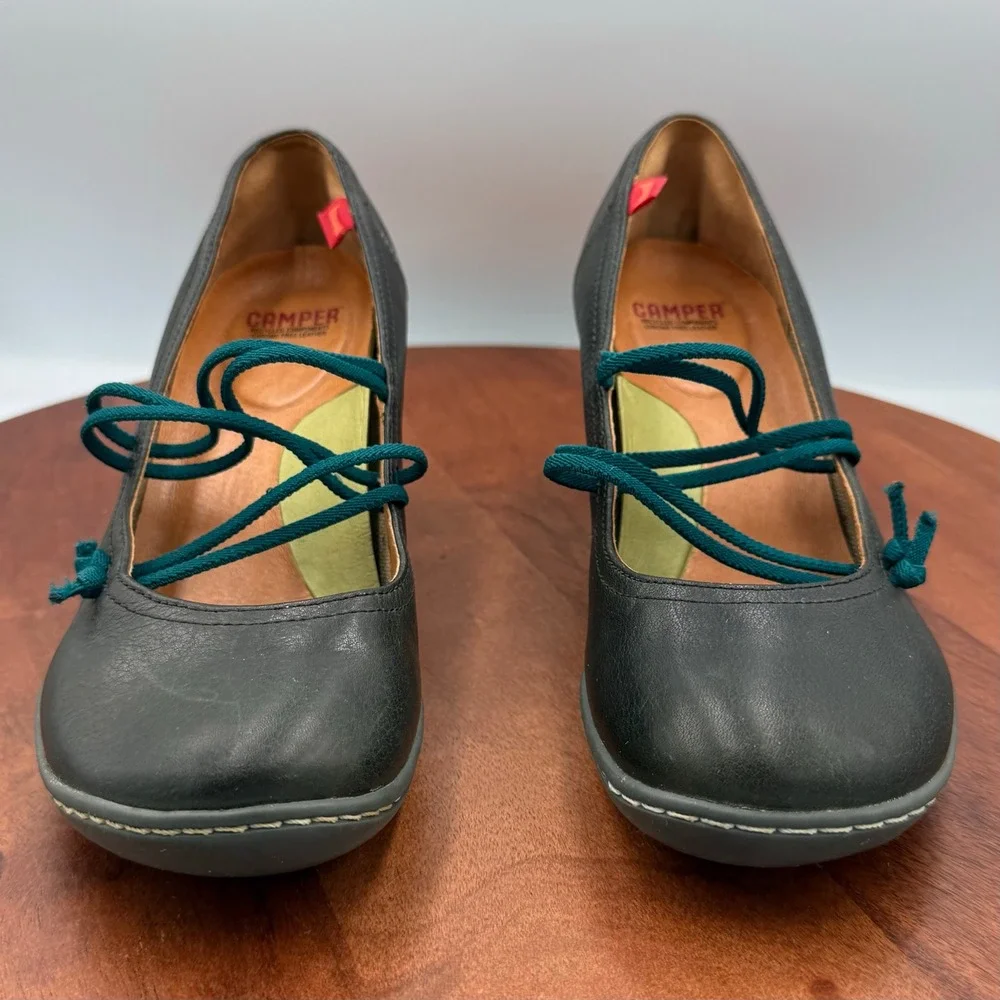 Camper‎ Beginner Heels Dark Gray Leather Elastic Mary Jane Pumps Womens 7 Twee